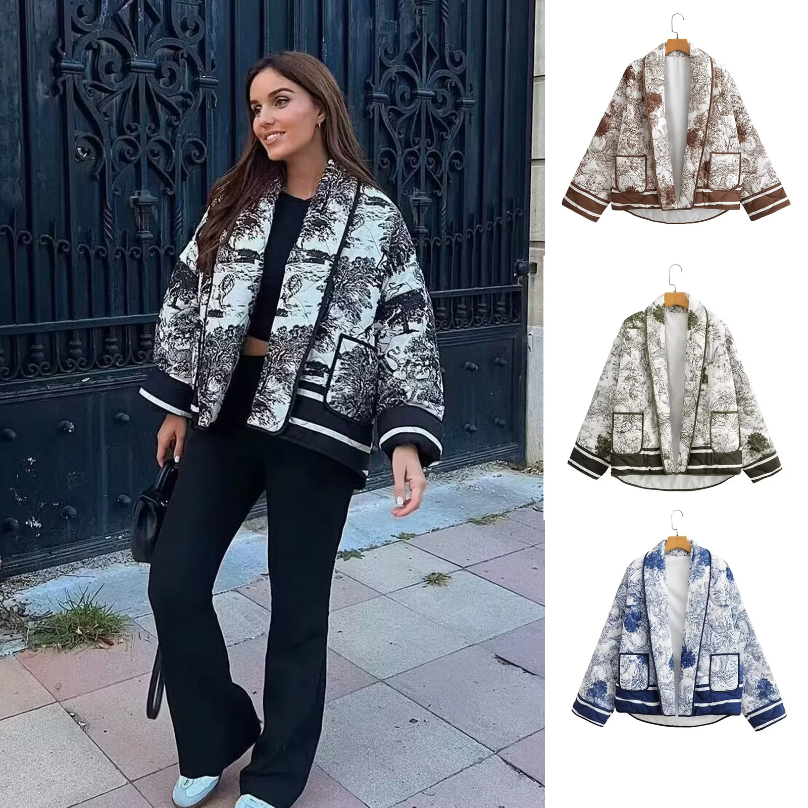 

2025 женское хлопковое пальто, модные черные теплые укороченные куртки с 2 карманами и принтом, женские шикарные кардиганы, верхняя одежда High Street