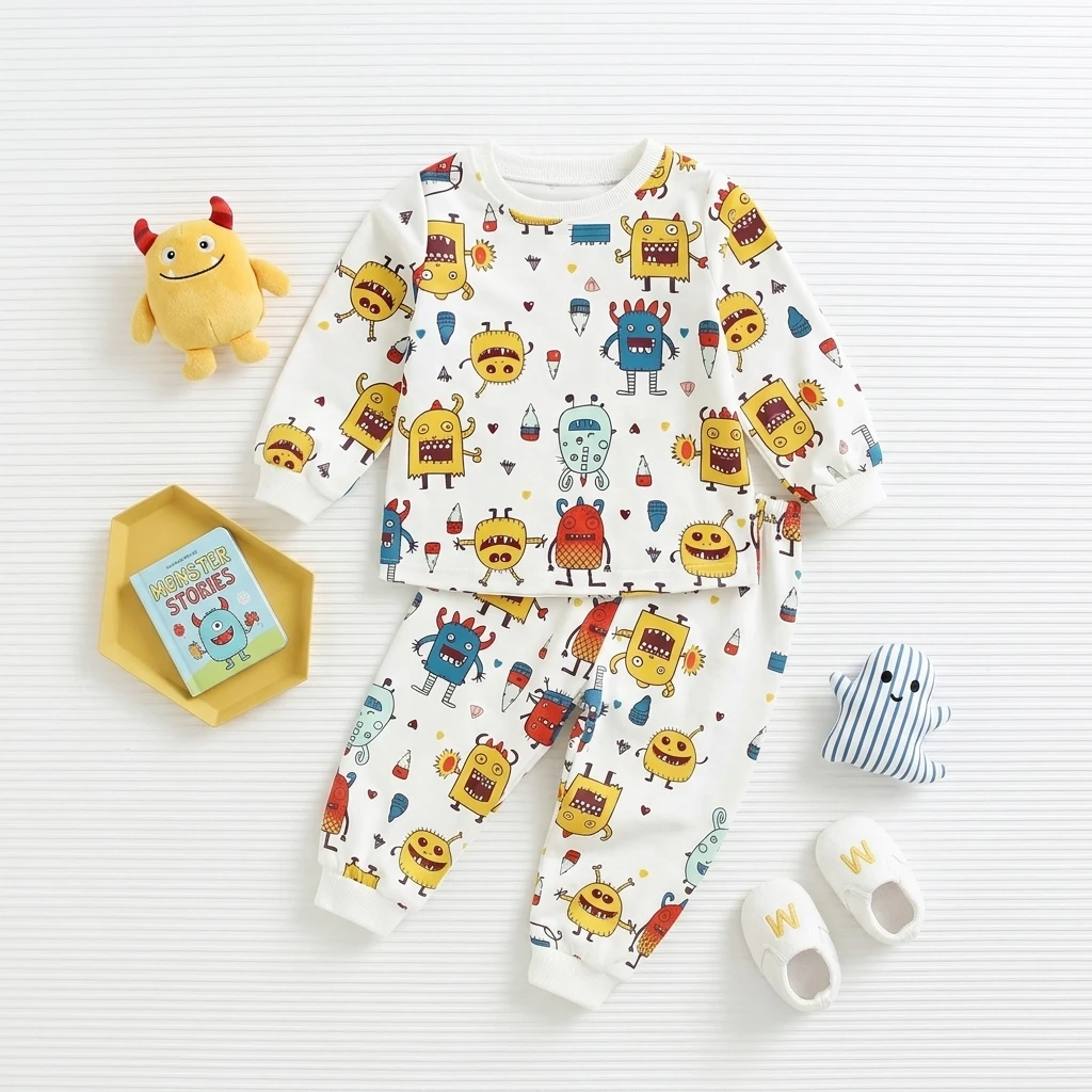 Fashion Baby Little Kids Clothing Sets Long Sleeve Tops + Long Pants Monsters