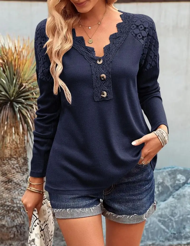 Elegant Women's Shirts Autumn Simple V-Neck Lace Solid Color Long Sleeved Top Loose Basic Casual Vacation Elegant Women's Shirts