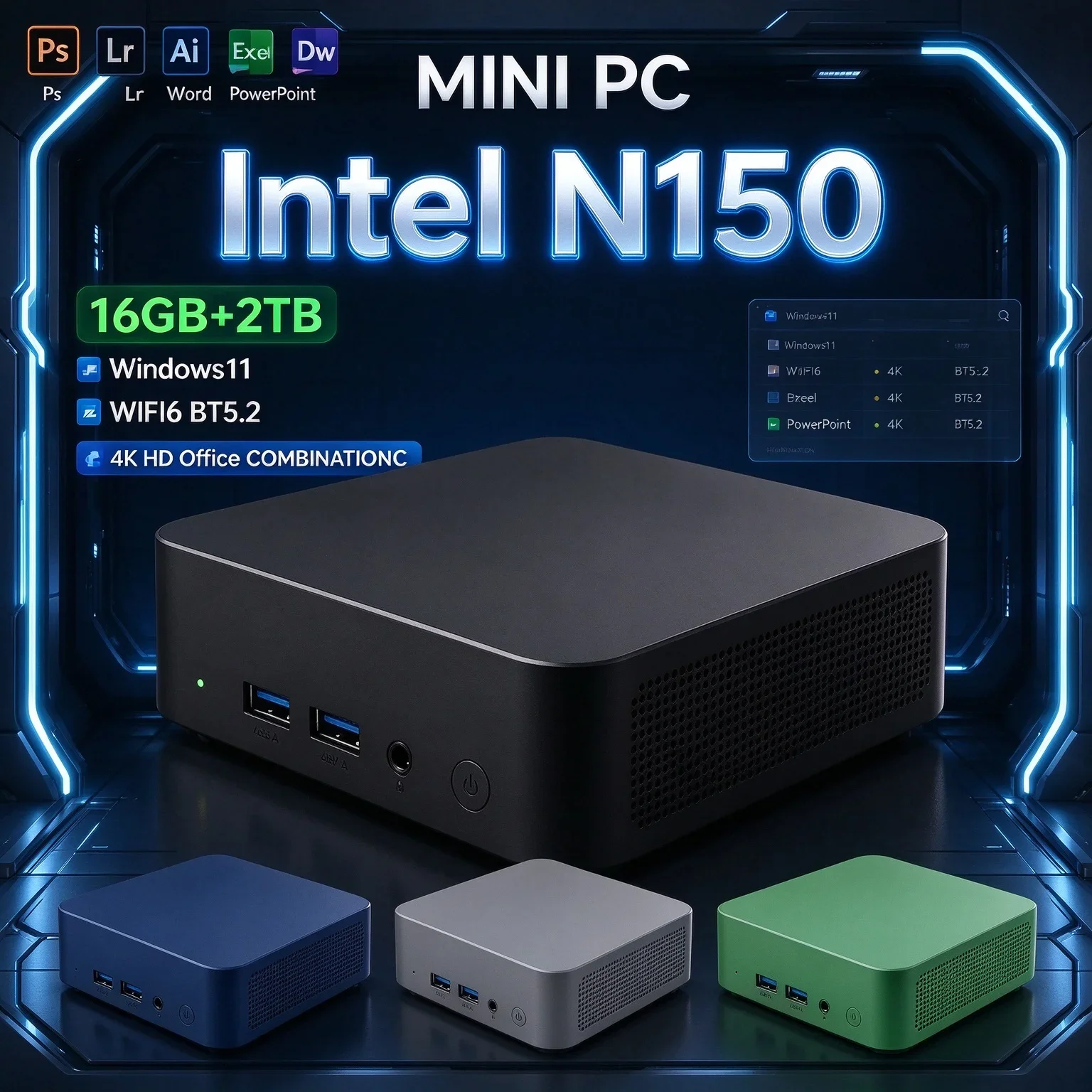 Multicolor Mini PC Intel N150 Windows11 16GB RAM 1TB 2TB SSD WiFi6 BT5.2 Compact Small Desktop Computer Home Daily Office