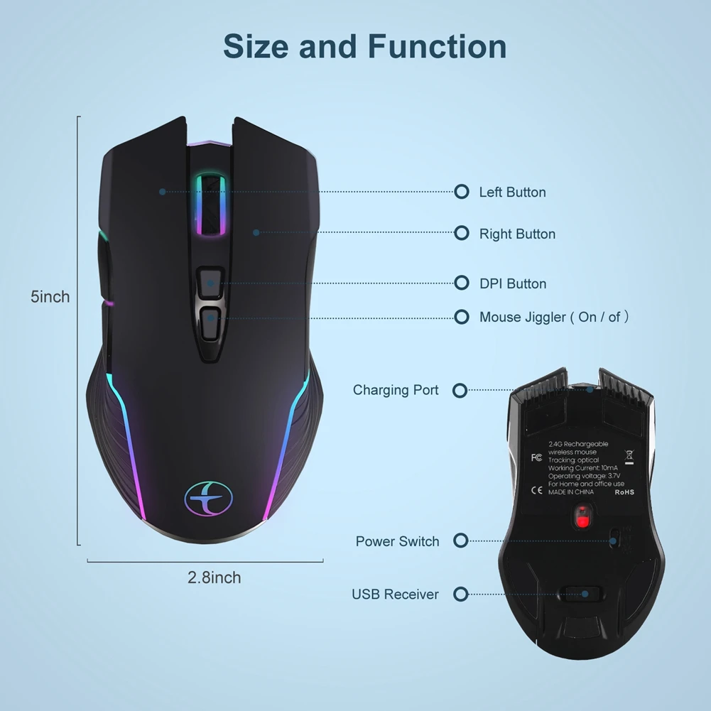 Mouse Gamer Jiggler LED Recarregável 2.4G 1600 DPI Mouse Ergonômico Mini