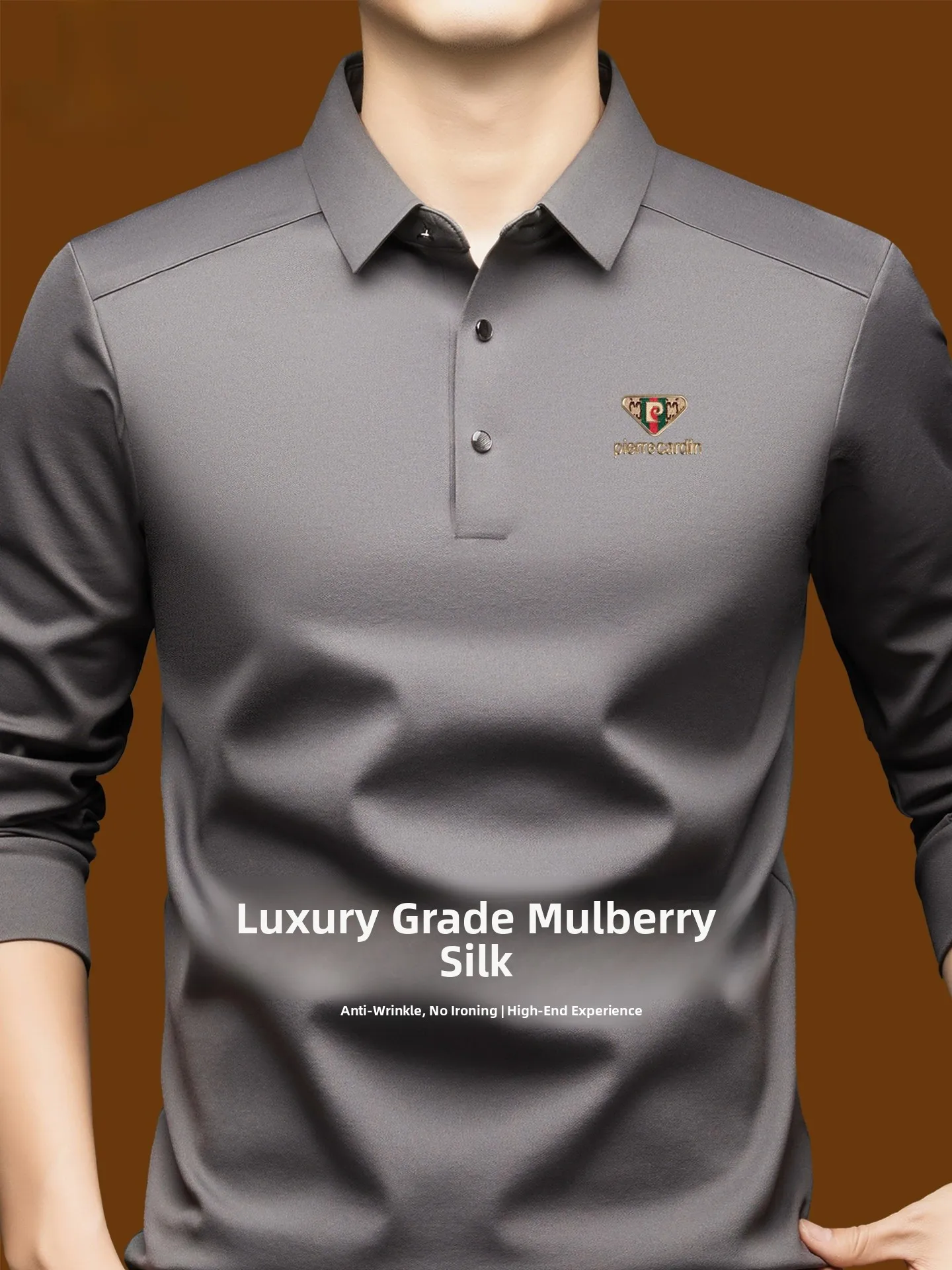 

Шелковая рубашка Pierre Cardin с длинным рукавом, мужская повседневная деловая рубашка с отложным воротником, весенне-осенняя, высококачественная шелковая футболка