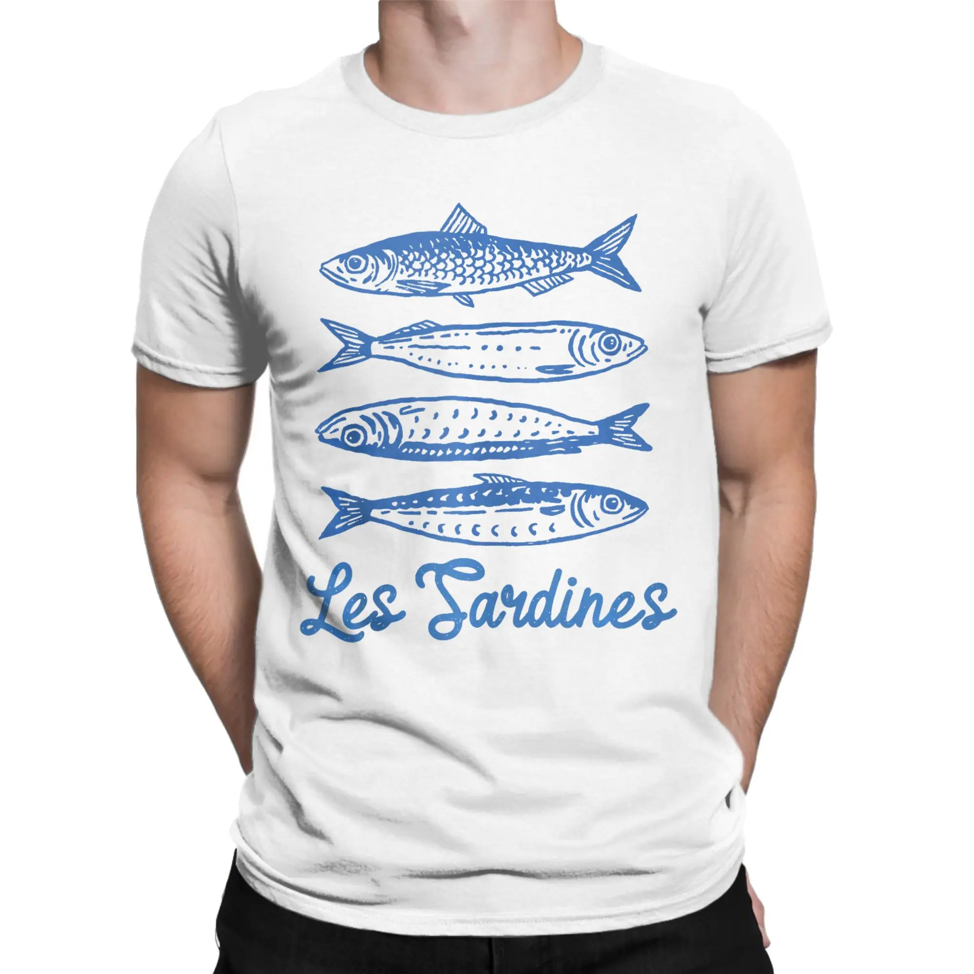 Les Sardines Tinned Fish Retro T-Shirt Beach  Pure Cotton T-Shirts For Men Trendy Cool Printed Tee Shirt Short Sleeves Fun Tees