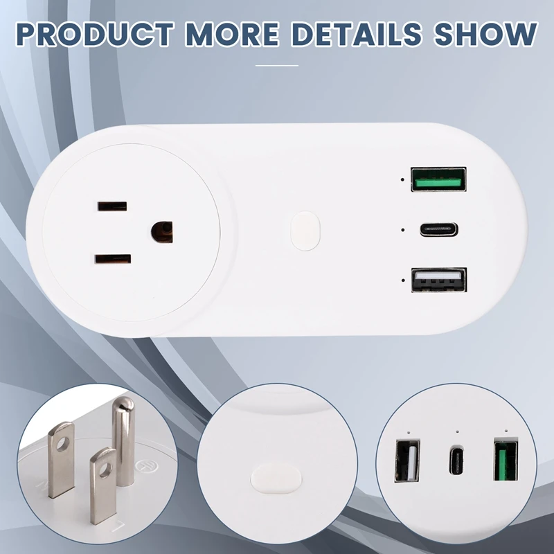 Smart Socket Wifi Plug 16A 2-Hole USB+Type-C Outlets 65W Remote Control Compatible Alexa US Plug