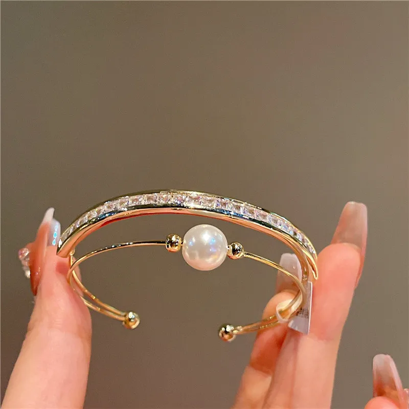 CC Vintage Bracelets Double Layer 14K Gold Color Imitation Pearl White Zirconia Open Bangle Temperament Women Accessories J664 image 4