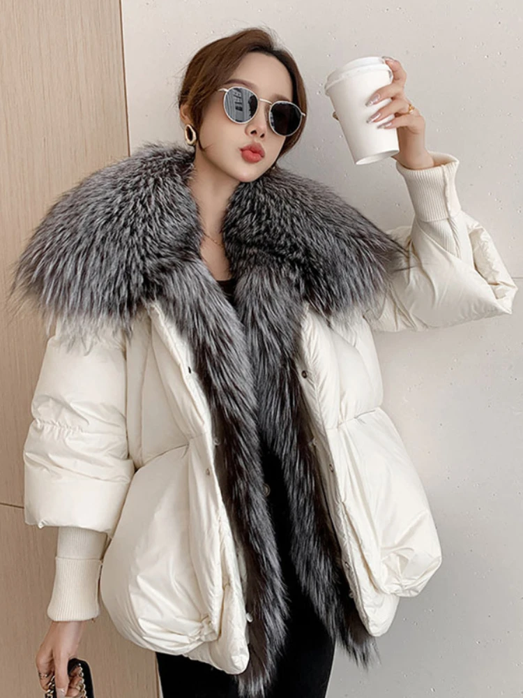 OFTUBY 2022 New Autumn Winter Goose Down Jacket Warm Women Coat Oversized Real Fox Fur Collar Thick Luxury Fashion Outerwear