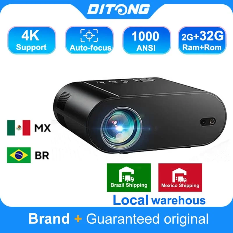 DITONG Projetor 4K Android com Dual WiFi 6 e Bluetooth Auto Keystone Auto Focus Home Theater HD Native 1080P projetor
