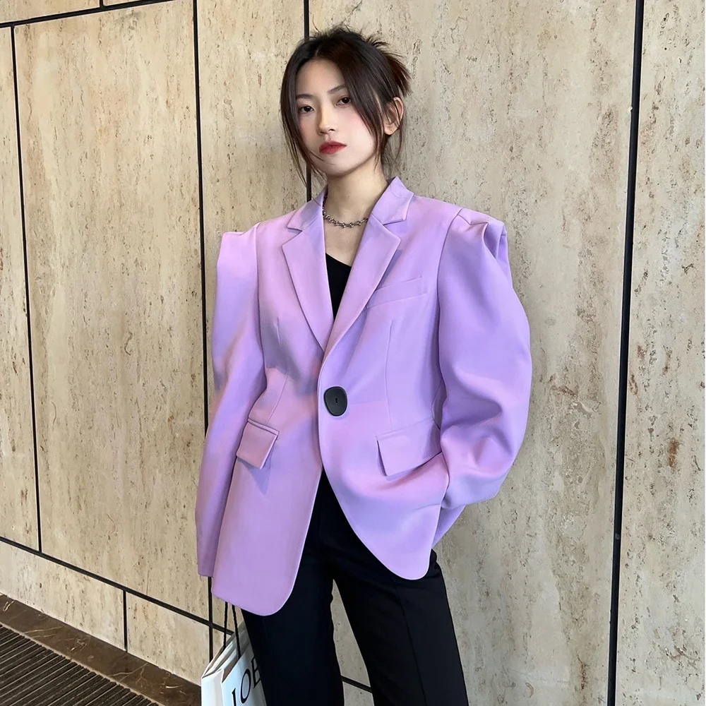 2024 Fashion New Blazer Jacket Spring Autumn Women Casual Big Button Purple Shoulder Jacket Women's Loose Suit Cool Jacket