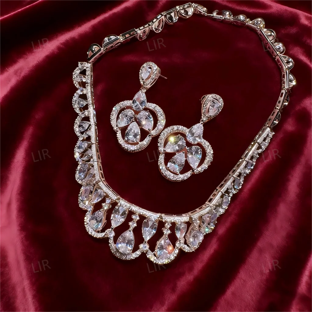 LIR Women's Custom Jewelry Set: Italian Vintage Court Petal Crown Gem Necklace, Sparkly Teardrop Wheat Zircon Earrings