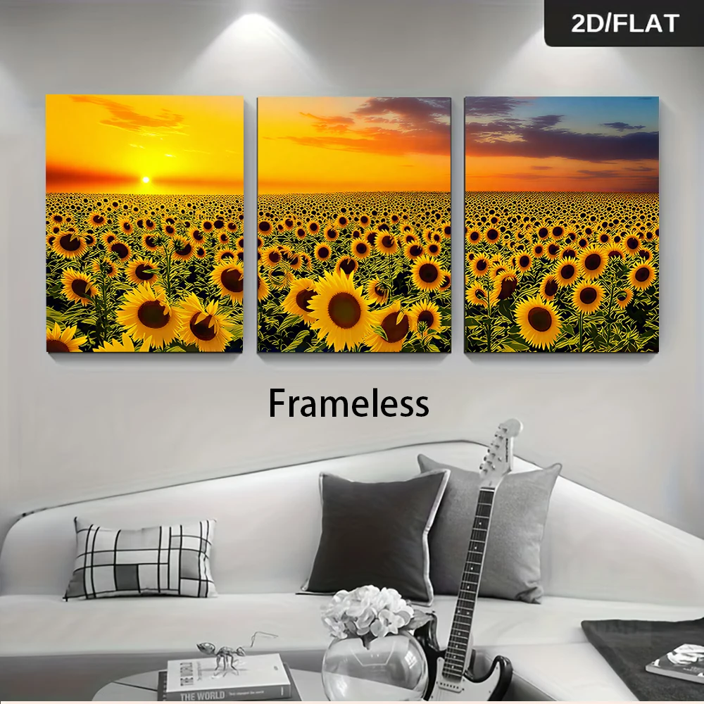 1 set of three frameless decorative paintings depicting a sunflower field at sunset; minimalist art style; 2D flat design.