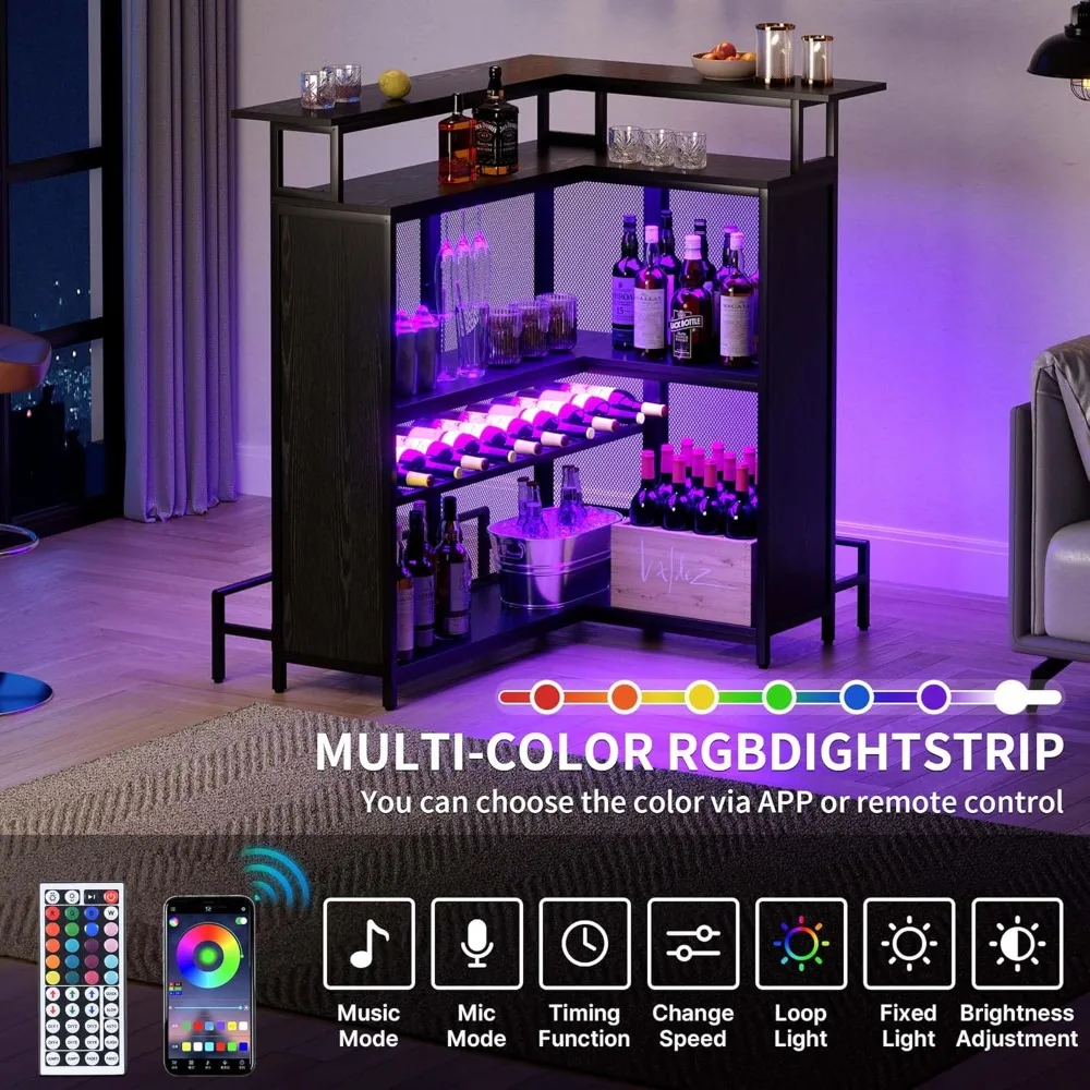 L-shaped Mini Home Bar Counter with Music-sensing LED Lights, Wine Rack, Glass Rack, and Footstool