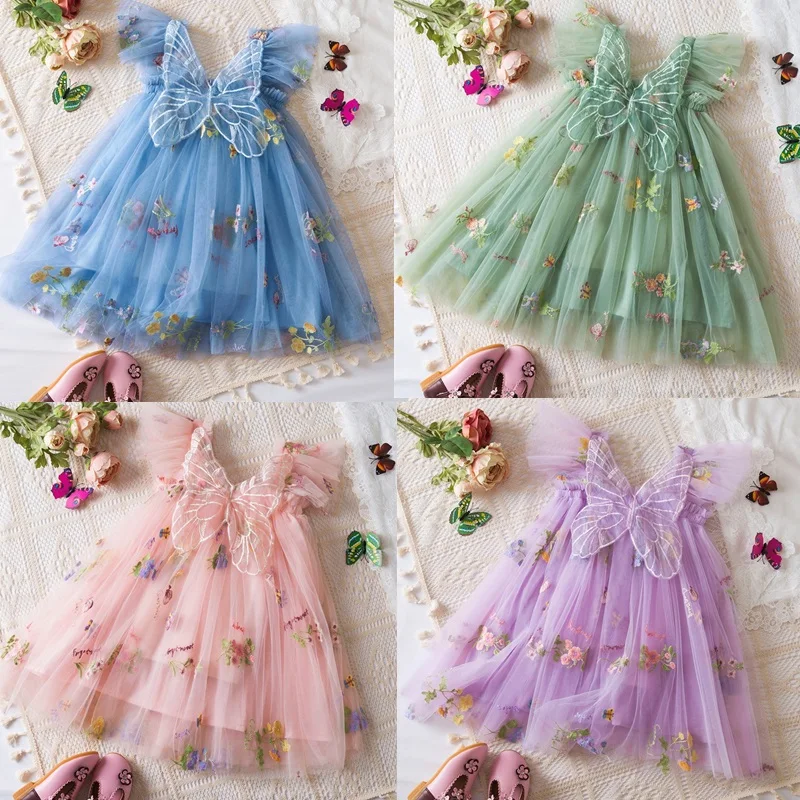 Baby Girls Big Bow Lace Mesh Dress Summer Sleeveless Princess Party Birthday Dress Children Kids Floral Embroidery Clothes 1-5Y