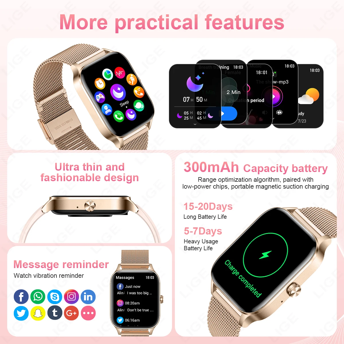 LIGE ファッションスマートウォッチ女性 1.85 インチ - Smartwatch Faces のレビューと価格