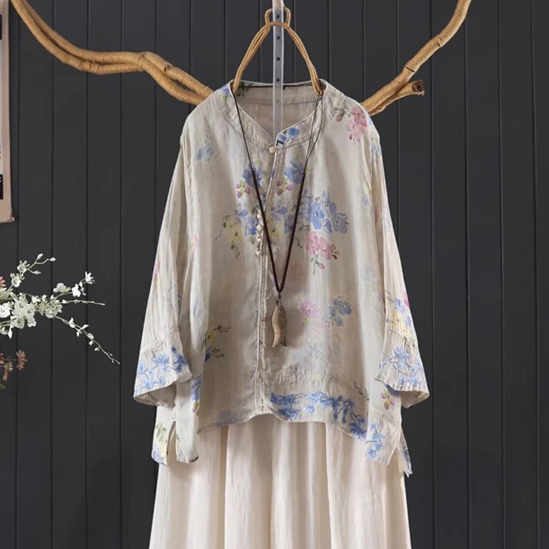 

Chinese Style Women Casual Ramie Shirt New Arrival 2025 Summer Vintage Style Floral Embroidery Loose Female Tops Shirts M1752