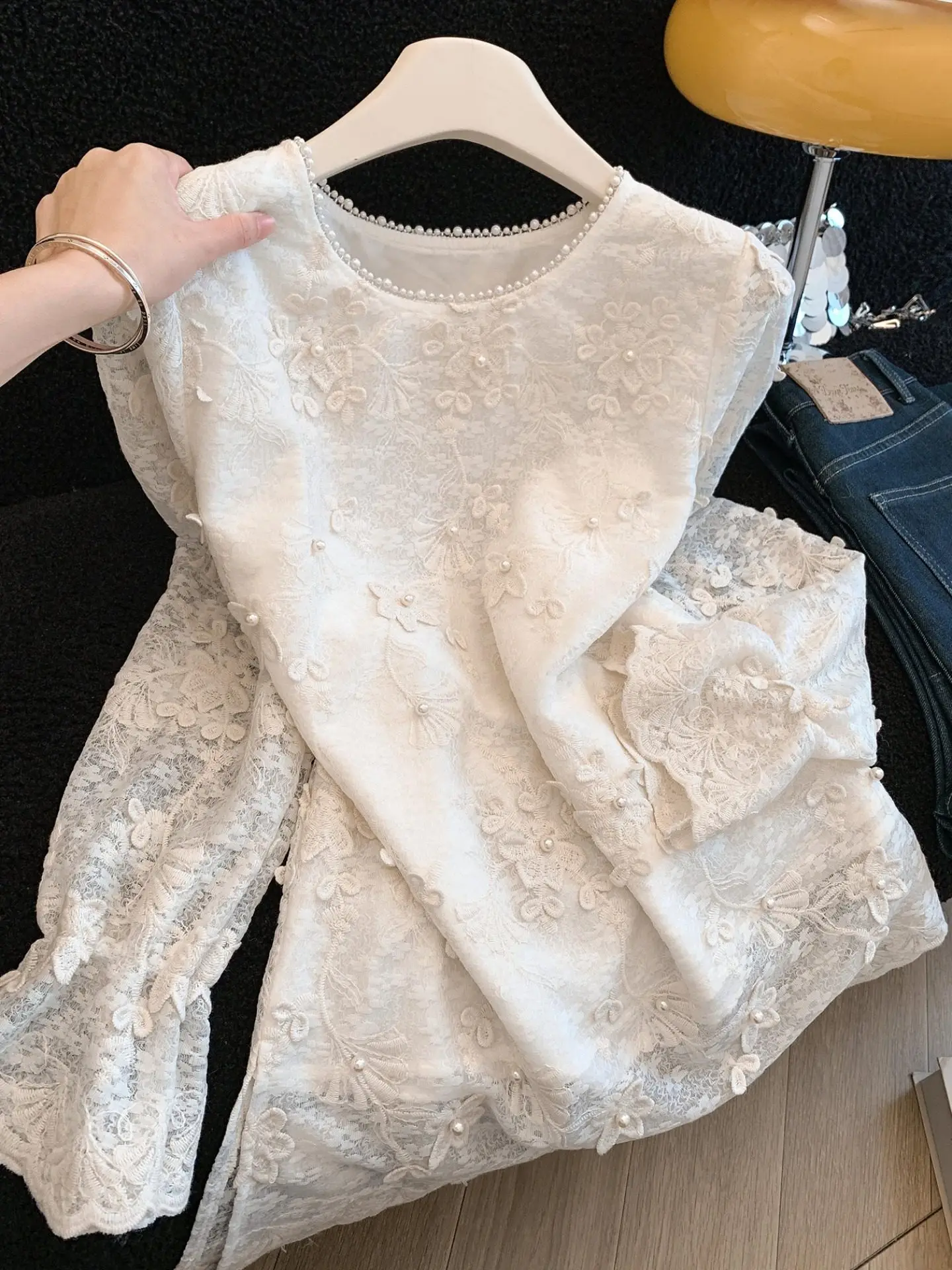 

Ele Embroidered Beaded Lace irt Women's Loose Sle Spring Autumn New Faion Age-defng Top Quali Polyester Fiber