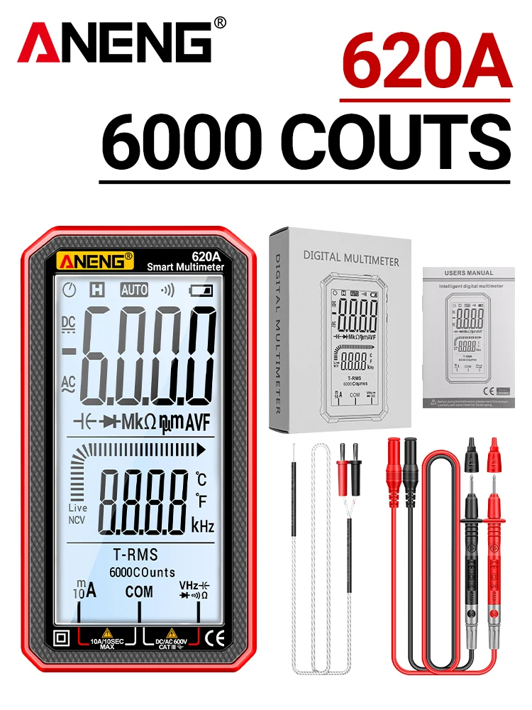 ANENG 620A Digitales Multimeter 6000 Zählungen Automatische Bereichswahl AC/DC Spannung Strom Widerstand Kapazität Frequenz Temperatur Tester NCV Null- und Phasenleitererkennung Datenhaltefunktion