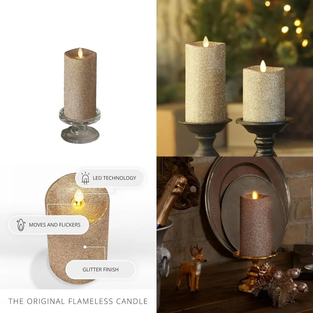 

Реалистичная искусственная свеча-столбик с золотым блеском и движущимися светодиодными огнями на батарейках, без запаха, с пультом ДУ (продается отдельно)