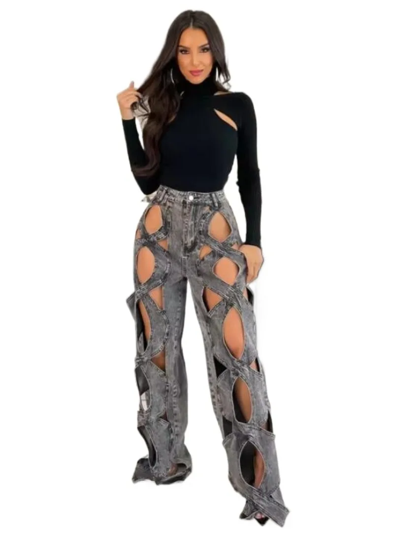 Women Vintage Cutout Hollow Out Criss Cross Straight Denim Pants 2024 Fashion INS High Waist Wide Leg Jeans Trousers