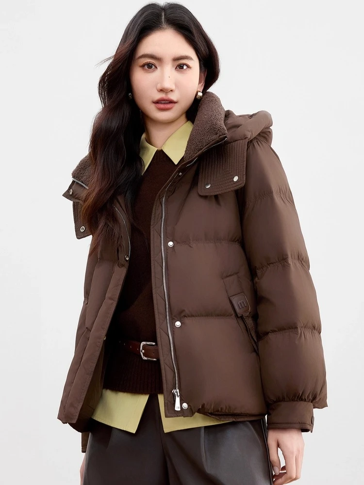 SENTUBILA Damen-Daunenjacken 2025, Winter, Stehkragen, Kapuze, lange Ärmel, Daunenmäntel, solide, lockere Passform, kurze Oberbekleidung W54YE2037