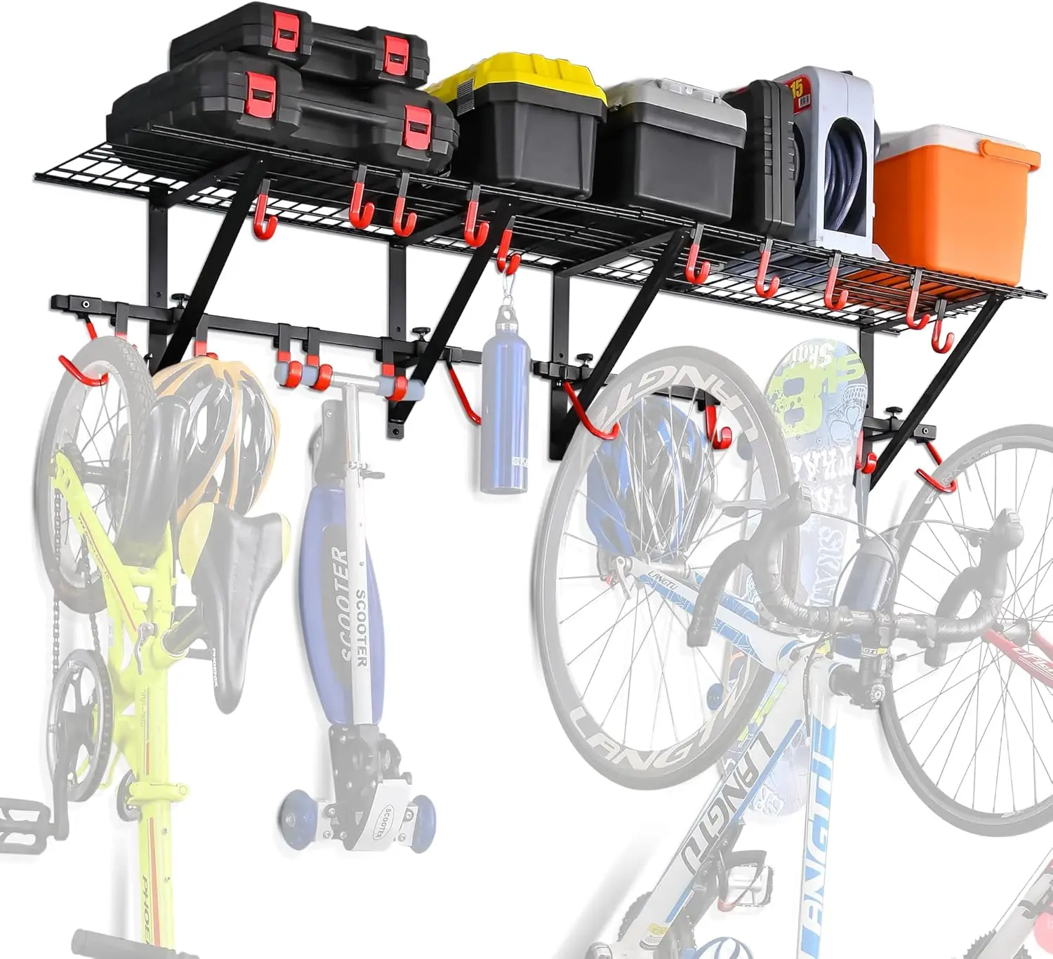 

Garage Wall Shelving with Bike Hooks, Heavy Duty Adjustable Storage Rack for Tools and Sports Gear, Black 2-Pack
