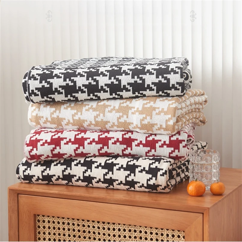 Classic Retro Knitted Houndstooth Blanket Spring and Autumn Pure Cotton Nap Blanket Single Air Conditioning Sofa Shawl Blanket