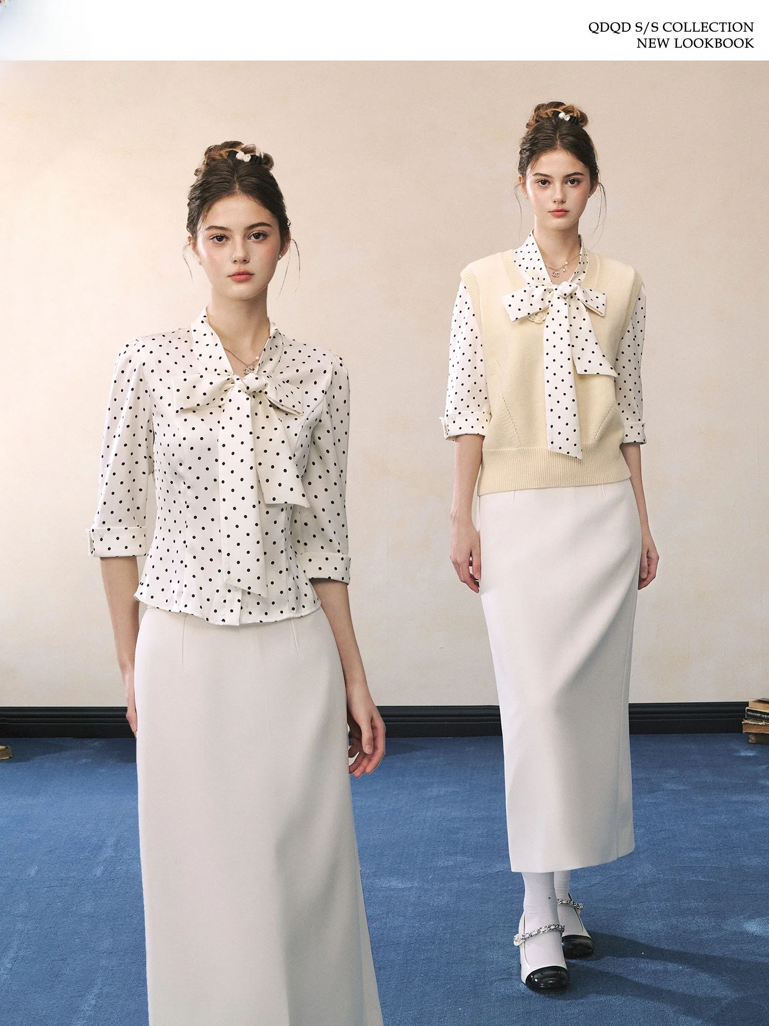 

Ele Polka Dot Silk irt Waist Cinched Knot Slimming Misses Sle irt Autumn Korean Version Regular Sve Le...