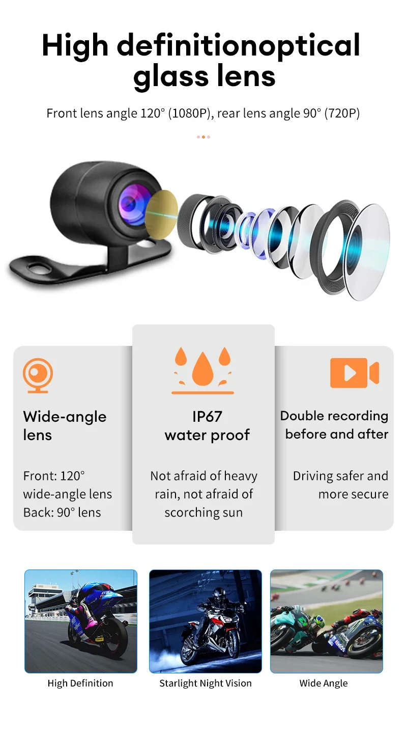 3 Zoll Motorrad-Dashcam Wasserdichte Motorradkamera DVR Vorne 720P & Hinten 480P Kamera Video-Loop-Recorder Schwarz Nachtsicht – Detail 6