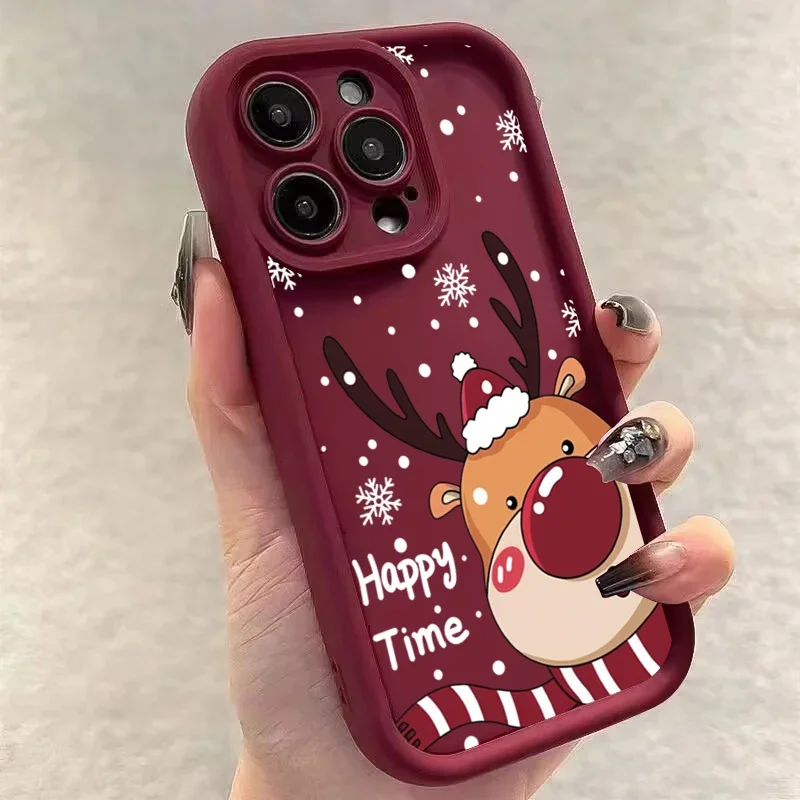 Christmas Elk Snowflake Cartoon Cute Phone Case For iPhone 15 14 13 12 11 16 Pro Max X XR XS Max 7 8 Plus Soft Shockproof Cover