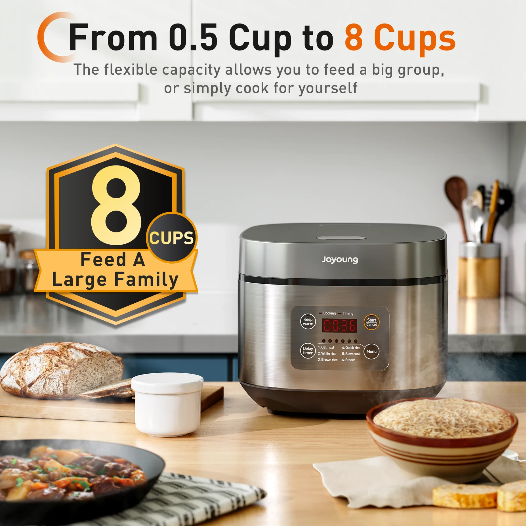 O mini fogão de arroz da antiaderente do fogão 4l 8 copos 860w multi mantém a exibição quente do diodo emissor de luz da aveia do fogão do arroz de joyoung, metal, cinza