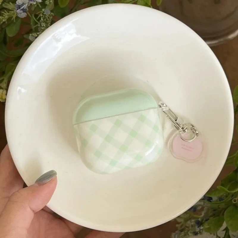 Cute Fresh Green Rhomboid Pattern Case For Airpods 4 1 2 3 Cases For Airpods Pro2 Wireless Earphone Cover with Apple Pendant