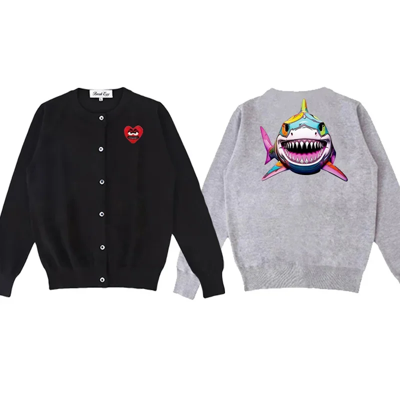 Shark Printing Women Cardigan Cotton Cute Snag Heart Embroidery O-Neck Single Breasted Long Sleeves Autumn Fit Sweater