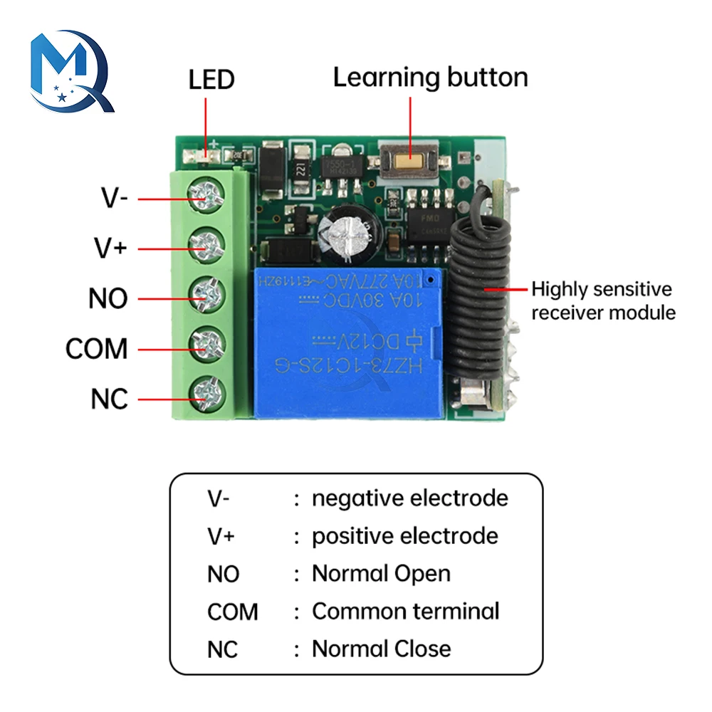 DC 12V 433Mhz Universal Wireless Remote Control Switch, 1-Channel Relay Receiving Module With Shell, Circular Sticker Switch