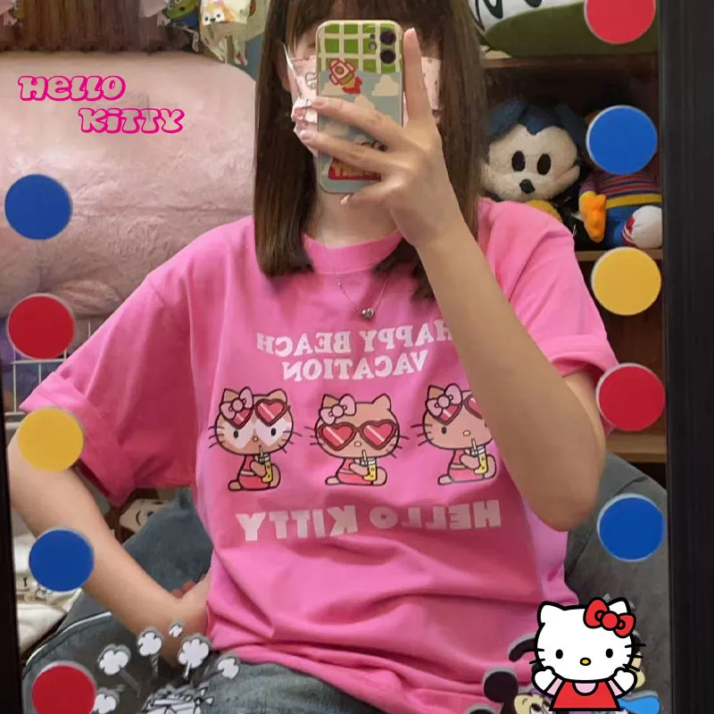 

Cute Hello Kittys T-Shirts Summer Woman's Printed Short Sleeved Pure Cotton Y2K Girls O-Neck Loose Tops New Tees Women Clothing