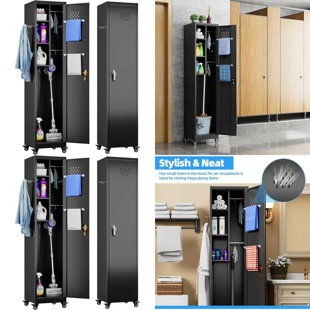 

Metal Garage Storage Cabinet with Wheels, Lockable Door, Pegboard, Hooks for Broom and Mops, Black