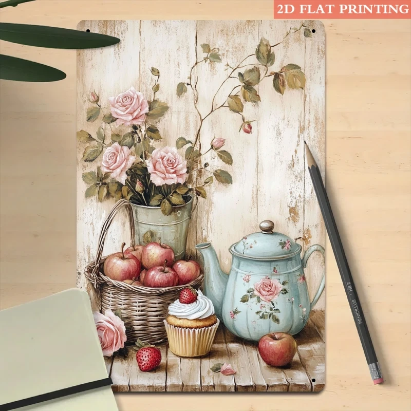 2D Flaches Vintage Blumen- und Früchte-Metallschild 20x30cm Retro Küchen- und Café-Wanddekoration Plakette Wohnzimmer-Kunstposter Blechplatte