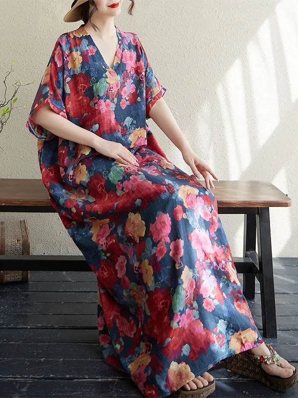 

V-Ne Loose Summer Beach Dr Women's Soft Floral Cotton Silk Thin Long Robe Casual Commute Sle with kets Summer 2024