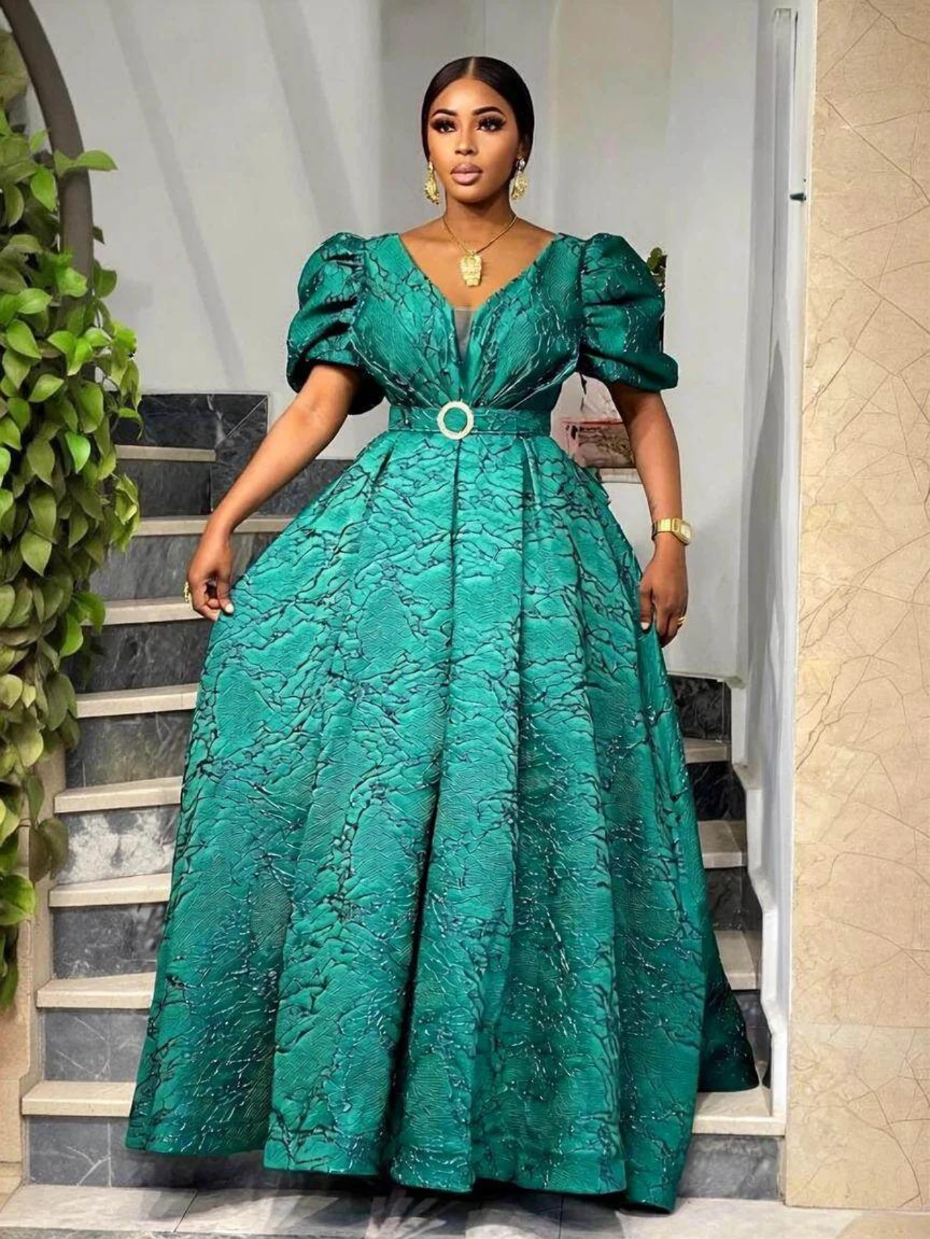 Women V Neck Puff Sleeve Maxi Dress Belted Waist A Line Ball Gown Dress For Formal Evening Party Occasion