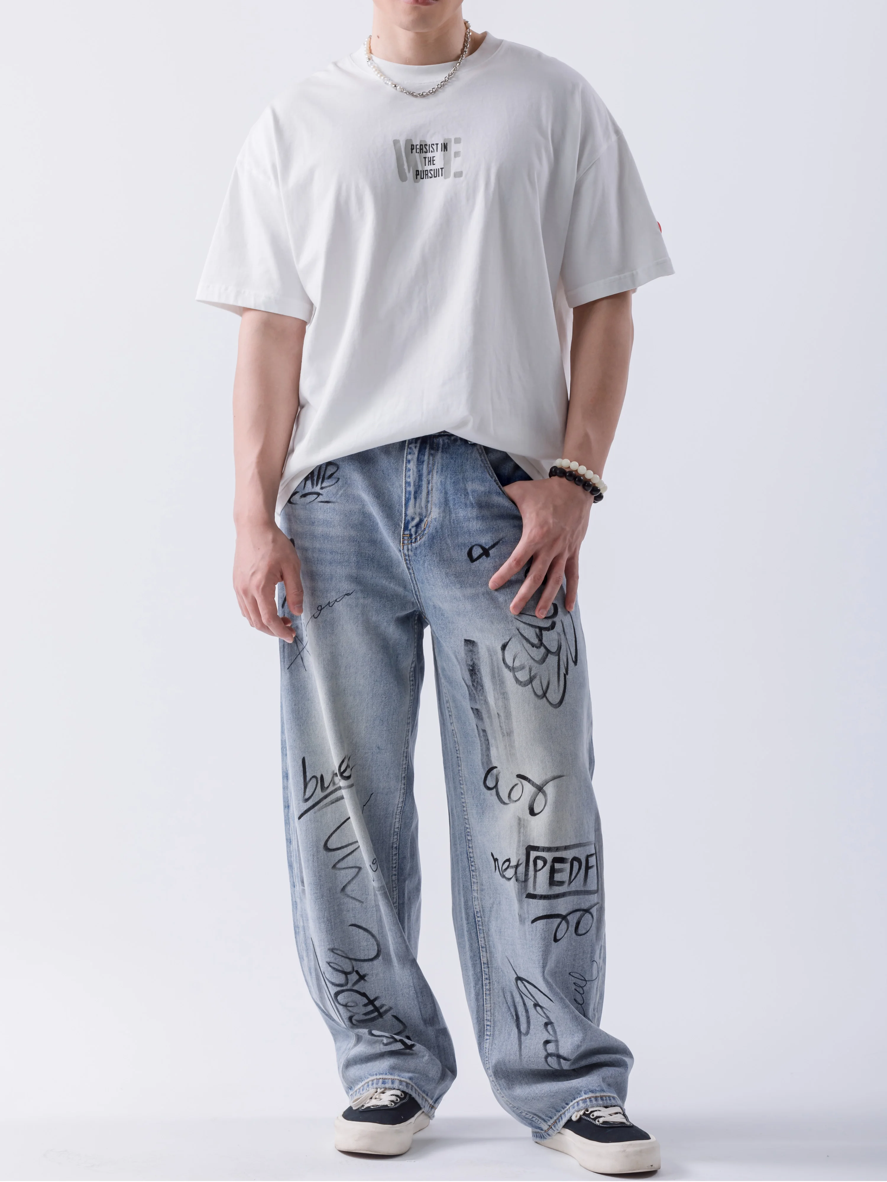 Hand-drawn Pattern Graffiti Pants Hip Pop Wide Leg Pants Trousers Long Pants High Street Oversize Denim Baggy Jean for Men