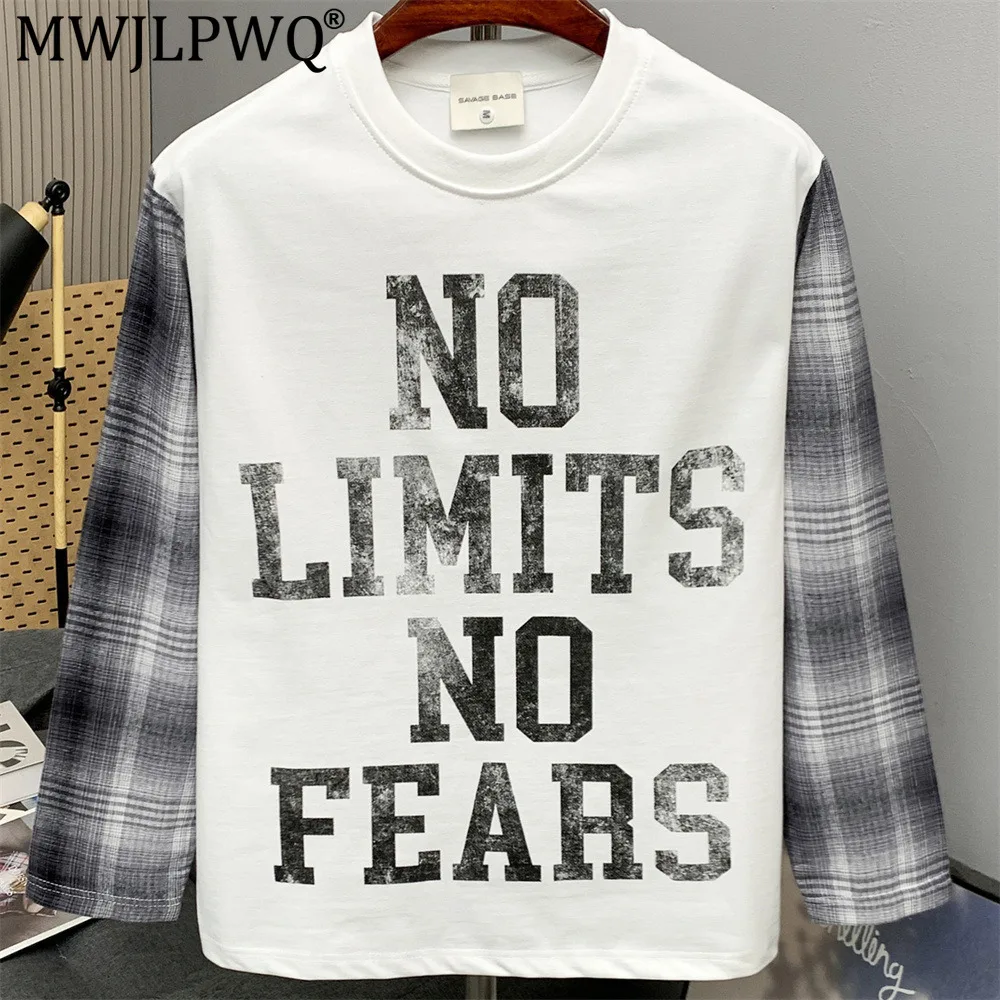 MWJLPWQ Plaid Patchwork Long-Sleeve T-Shirt For Men American Trendy Ins-Style Letter Distressed Print Loose Fit Tops 20471