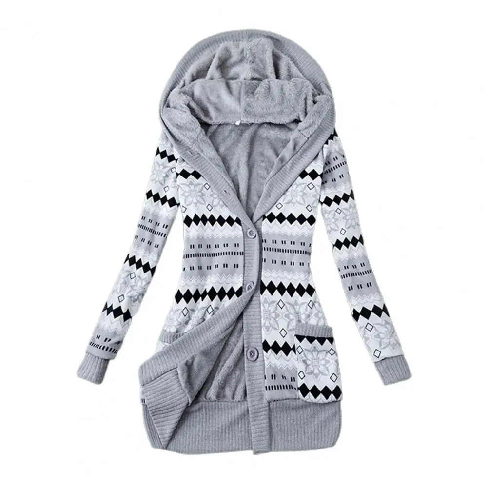 Striped Print Long Sleeve Sweater Coat Autumn Winter Buttons Closure Hooded Plush Lining Sweater Cardigan Outerwear