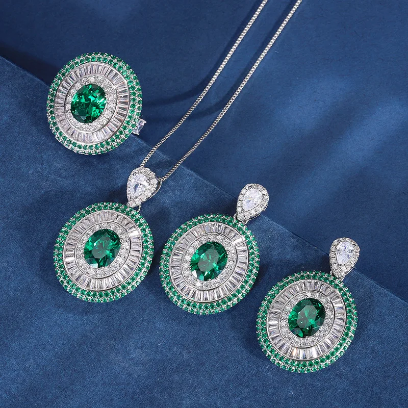 

Set of 3 sliver color exquisite green round necklace earrings light luxury women dress decorative jewelry wedding ball gift M886