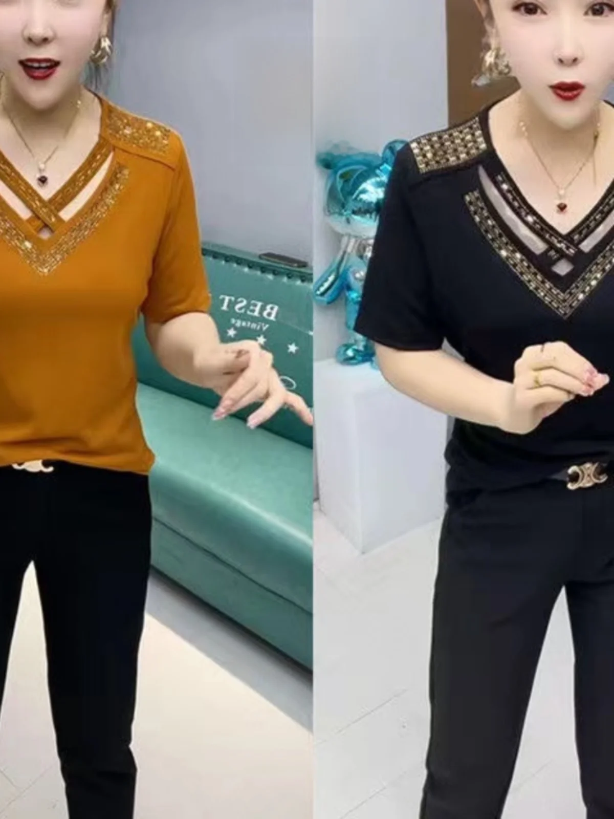 Fashionable Heavy-Embroidery Short-Sleeve T-Shirt Women's Classy V-Neck Hollow out Rhinestone Slimming Top for Summer