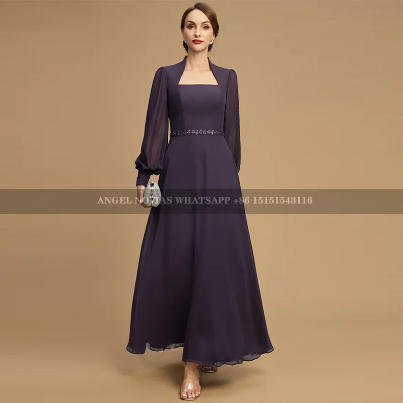 

Long Sleeves Purple Ankle Length Mother of Bride Dresses Wedding Party Gown with Belt vestidos para madre de novia 2024