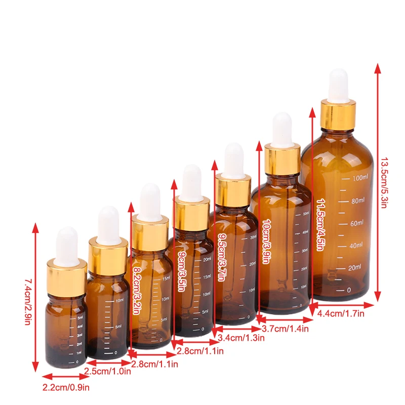 Botellas cuentagotas de 5ml-100ml con escala, reactivo, gota de ojo, vidrio ámbar, aromaterapia, pipeta líquida, botellas rellenables de viaje