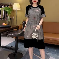 Vintage Printed Patchwork Midi Dress Summer Stylish Chinese Disc Buckle Women's Clothing Folk Short Sleeve Loose A-Line Dresses