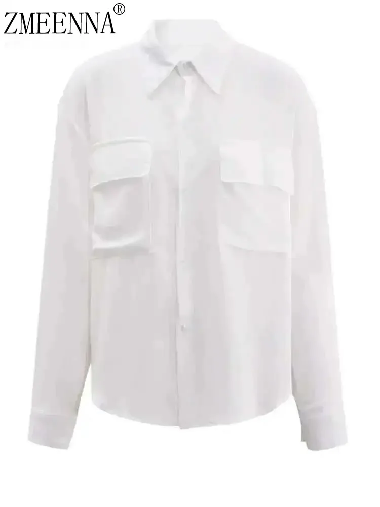 

ZMEENNA Casual Button Down Shirt Long Sleeve Regular Fit Solid Color White Blouse With Pockets Stylish Everyday Wear Top ZM3206