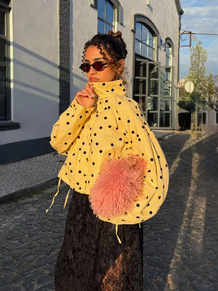 HH Women Fashion Yellow Polka Dot Coat Single Breasted Long Sleeve Turtleneck Cropped Jacket With Drawstring Female Streetwear view 3