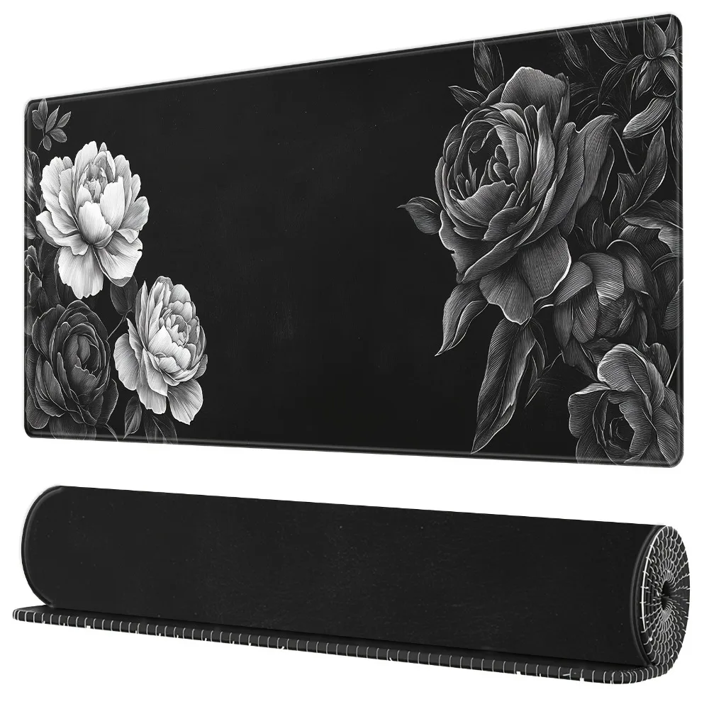 Tapis de bureau pour jeux, tapis de souris de haute qualité, lavable, base en caoutchouc antidérapante, motif floral noir tendance