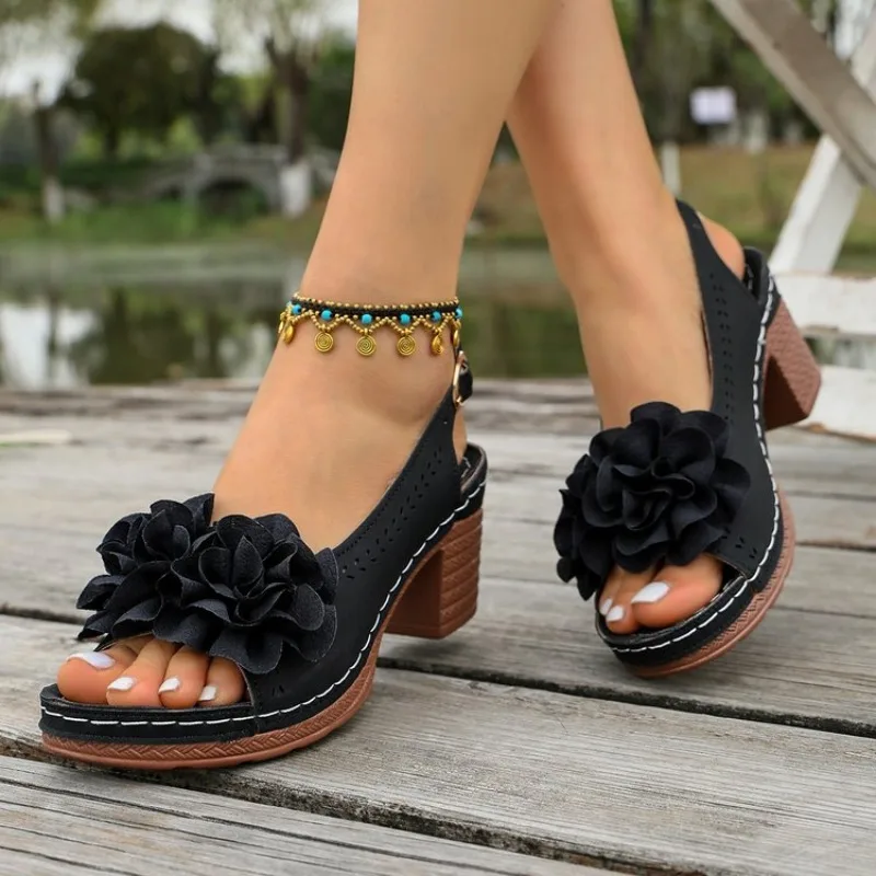 Vintage Flower Decorate Peep Toe Sandals Women Summer 2026 Platform Thick High Heel Back Strap Sandal Woman's  Heels Shoes - view 4