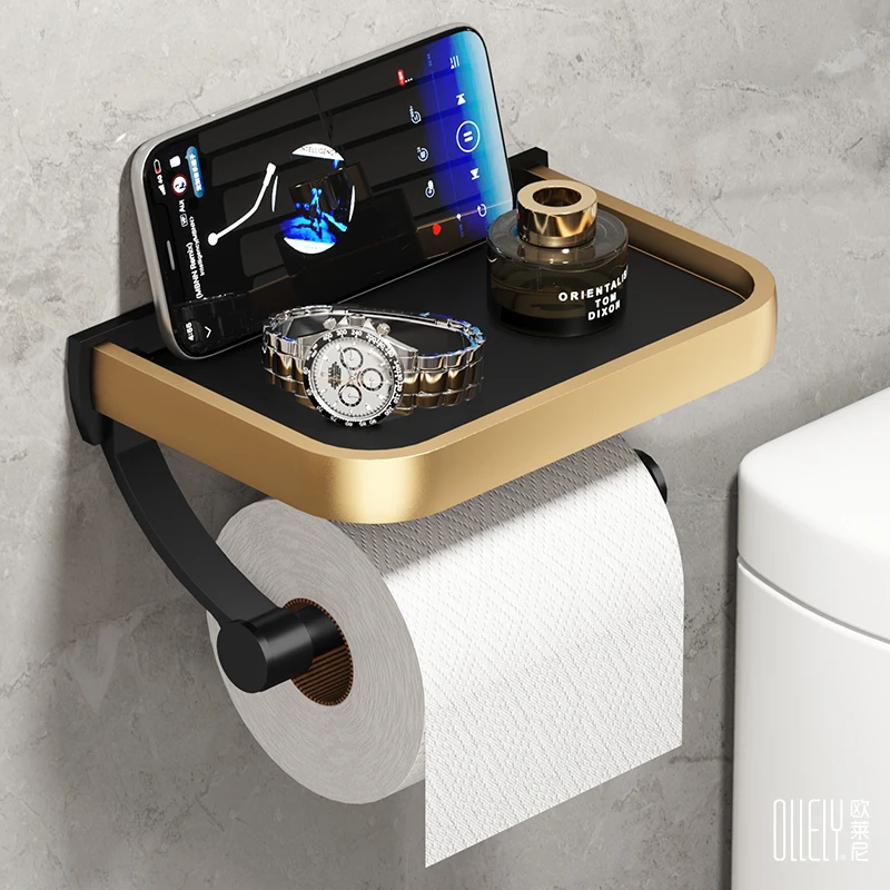 Black Gold Bathroom Phone Holder Space Aluminum Paper Towel Rack Wall-mounted Toilet Paper Plane Black Bathroom Accessories